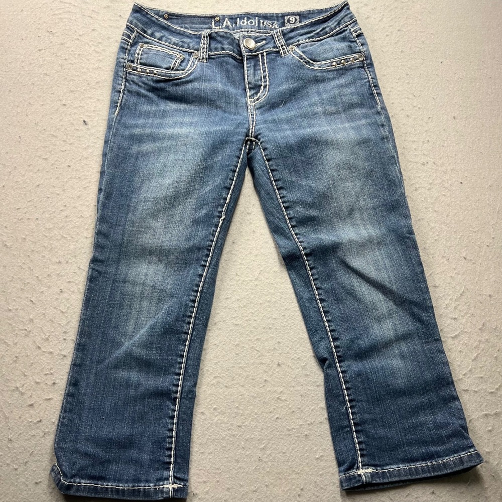 LA Idol USA Jeans Womens 9 Blue Denim Cropped Capri Thick Stitch Rhinestone 1314